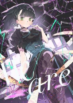 Rule 34 | 1girl, black dress, black hair, black pantyhose, braid, breasts, caution tape, closed mouth, commentary, crt, dress, dutch angle, feet out of frame, fishnet pantyhose, fishnets, floating hair, green eyes, highres, leg up, light frown, link! like! love live!, looking at viewer, love live!, medium breasts, momose ginko, new black (love live!), official alternate costume, pantyhose, pointing, pointing at self, puffy short sleeves, puffy sleeves, short hair, short sleeves, side braid, solo, television, virtual youtuber, zen66574227
