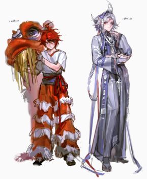 2boys absurdres ahoge alternate_costume alternate_hair_length alternate_hairstyle aotsuki_eito black_hair black_sash black_shirt black_shoes blue_eyes blue_gloves braid chinese_new_year closed_mouth crop_top facepaint fingerless_gloves full_body gloves grey_hair grey_jacket grey_pants hair_between_eyes hand_up height height_difference highres jacket jewelry lineko lion_dance long_hair long_sleeves male_focus multicolored_hair multiple_boys necklace pants red_hair red_pants red_ribbon ribbon ring sash shirt shoes short_hair short_sleeves simple_background single_braid streaked_hair sumino_takumi sweat the_hundred_line_-last_defense_academy- two-tone_hair waist_sash white_background white_shirt