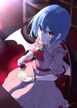 1girl absurdres ascot bat_wings blue_hair blush brooch collared_shirt commentary_request cup frilled_shirt_collar frills highres holding holding_cup holding_plate hoshikage_syo jewelry looking_at_viewer no_headwear open_mouth pink_shirt pink_skirt plate red_ascot red_eyes remilia_scarlet shirt signature sitting skirt solo teacup touhou wings wrist_cuffs