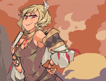 Rule 34 | 1girl, bare shoulders, blonde hair, blush, book, breasts, citrinne (fire emblem), cleavage, davewaterfalls, earrings, fire emblem, fire emblem engage, highres, hoop earrings, jewelry, looking at viewer, nintendo, red eyes, shirt, short hair, sideboob, sleeveless, sleeveless shirt, solo