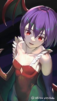 1girl absurdres akisa_yositake bare_shoulders black_background blue_pantyhose breasts cowboy_shot darkstalkers demon_girl demon_wings head_wings highres leotard lilith_(darkstalkers) multiple_wings pantyhose purple_hair red_eyes red_leotard short_hair simple_background small_breasts solo twitter_username wings