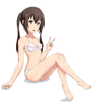 Rule 34 | 1girl, :3, barefoot, bikini, blush, breasts, brown hair, collarbone, grey eyes, highres, long hair, looking up, lou (battle32), minami-ke, minami kana, navel, open mouth, sitting, small breasts, smile, swimsuit, twintails, v, white background, white bikini