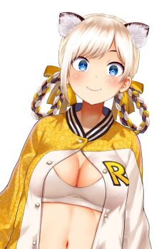 Rule 34 | 1girl, animal ears, blue eyes, braid, braided hair rings, breasts, cleavage, closed mouth, commentary request, hair rings, highres, indie virtual youtuber, jacket, looking at viewer, medium breasts, multicolored jacket, navel, partially unbuttoned, second-party source, simple background, smile, solo, sports bra, stomach, toragaguchi kohaku, two-tone jacket, upper body, virtual youtuber, white background, white jacket, white sports bra, yellow jacket, yumeno tanuki