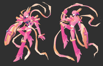 armor black_background digimon digimon_(creature) digipuri helmet highres holding holding_shield knight lordknightmon multiple_views pink_armor pink_helmet ribbon shield simple_background yellow_ribbon