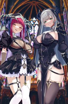 2girls black_bow black_dress black_thighhighs blue_gloves blurry blurry_background blush bow breast_curtains breasts commentary_request dress elbow_gloves garter_straps gloves green_eyes grey_hair heterochromia highres holding_hands hololive hololive_english horns houshou_marine indoors large_breasts long_hair long_sleeves looking_at_viewer multiple_girls nankoni nun open_mouth red_eyes red_hair see-through_clothes shirogane_noel short_sleeves shrug_(clothing) side_slit smile thigh_strap thighhighs underboob veil white_thighhighs yellow_eyes