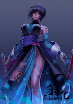 1girl bad_id bad_pixiv_id black_eyes black_hair breasts detached_sleeves eclosion female_focus fingernails highres large_breasts long_fingernails looking_at_viewer nail_polish samurai_spirits sharp_nails shiki_(samurai_spirits) short_hair sideboob solo sword weapon