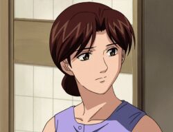 00s 1girl 2001 animated animated_gif brown_eyes brown_hair female_focus hair_bun hikaru_no_go housewife indoors mature_female parted_bangs ponytail purple_vest shindou_mitsuko shirt single_hair_bun sitting solo tagme vest worried