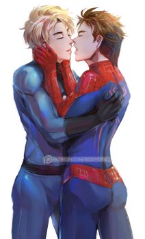 2boys blonde_hair bodysuit brown_hair closed_eyes fantastic_four gloves hands_on_another's_face imminent_kiss johnny_storm male_focus marvel multiple_boys open_mouth peter_parker reddverse spider-man spider-man_(series) yaoi