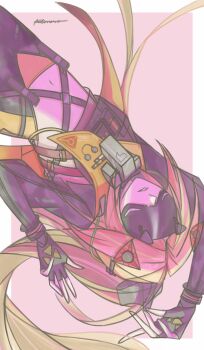 1girl absurdres black_gloves black_pants blindfold_mask blonde_hair breasts camouflage commentary_request covered_eyes fingerless_gloves gloves hair_ornament highres jacket large_breasts long_hair mask navel open_mouth original pants photonova ponytail solo trigger_(zenless_zone_zero) zenless_zone_zero