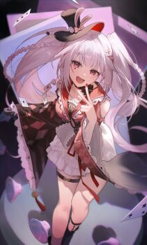 1girl :d absurdres animal_ears black_gloves black_hat braid breasts clothing_cutout commentary diamond_(shape) diamond_facial_mark facial_mark gloves hat heart heart_facial_mark highres honkai:_star_rail honkai_(series) long_hair long_sleeves looking_at_viewer nannaspad open_mouth rabbit_ears red_eyes shoulder_cutout single_glove smile solo spade_(shape) sparkle_(honkai:_star_rail) sparxie_(honkai:_star_rail) standing thigh_strap top_hat twintails v white_hair wide_sleeves