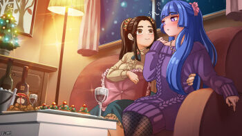 2girls alcohol black_hair blue_hair blush brown_eyes cable_knit christmas_tree couch dairoku_ryouhei drunk fishnet_pantyhose fishnets food freckles highres indoors ishikahonori_koto jewelry lamp long_hair multiple_girls necklace night pantyhose pillow satou_momonnyo sitting smile sweater table tongs window yukari_ai yuri