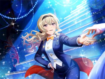 2girls black_hairband black_jacket black_pants bow bowtie breasts brown_hair contrapposto floating_hair game_cg hair_between_eyes hairband hand_on_own_hip jacket long_hair long_sleeves medium_breasts multiple_girls official_art open_clothes open_jacket orange_bow orange_bowtie pants purple_eyes reaching reaching_towards_another saijou_claudine shirt shoujo_kageki_revue_starlight shoujo_kageki_revue_starlight_-re_live- sidelocks solo_focus spotlight stage_lights standing upper_body wavy_hair white_shirt