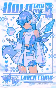 1girl bare_shoulders wallet_chain blue_dress blue_eyes blue_hair blue_theme bug butterfly closed_mouth cowboy_shot cube cyber_fashion detached_sleeves dress emily_kim fairy hair_over_one_eye headphones highres iridescent_clothes insect letterboxed loading_screen long_hair long_sleeves looking_at_viewer mechanical_wings object_floating_above_hand original plus_sign sleeves_past_wrists solo sparkle standing twitter_username very_long_hair white_background white_dress wings