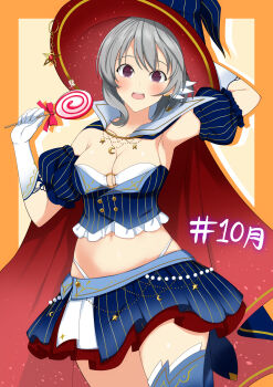 1girl absurdres arm_up assault_lily bikini bikini_under_clothes blue_cape blue_hat blue_shirt blue_skirt blue_thighhighs blush border breasts buttons candy cape cleavage commentary_request cowboy_shot crescent crop_top detached_sleeves double-breasted earrings feather_hair_ornament feathers food frilled_shirt frills gloves grey_hair hair_ornament halloween_costume hand_on_headwear hand_up hashtag hat hat_ornament hata_matsuri highres holding holding_candy holding_food holding_lollipop jewelry lollipop looking_at_viewer medium_breasts medium_hair midriff miniskirt navel o-ring o-ring_bikini o-ring_top october official_alternate_costume official_alternate_hairstyle open_mouth orange_border panty_straps puffy_detached_sleeves puffy_sleeves purple_eyes red_cape red_hat senri_(senri03151221) shirt short_sleeves simple_background skirt solo star_(symbol) star_hat_ornament stomach strapless strapless_bikini strapless_shirt striped_clothes striped_headwear striped_skirt swimsuit swirl_lollipop teeth thighhighs translated two-sided_cape two-sided_fabric two-sided_headwear upper_teeth_only vertical-striped_clothes vertical-striped_headwear vertical-striped_skirt white_bikini white_gloves witch_hat yellow_background