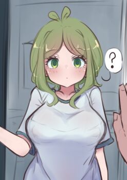 Rule 34 | 1boy, 1girl, ?, absurdres, ahoge, breasts, clueless, commentary request, green eyes, green hair, highres, huge breasts, ndawjaidee, no bra, open mouth, original, shirt, short hair, standing, t-shirt, white shirt