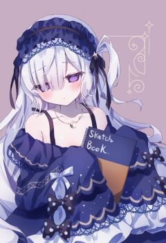 1girl bare_shoulders black_ribbon blue_dress blue_hairband bow commentary_request crescent crescent_necklace dress frilled_dress frills gothic_lolita hair_over_one_eye hair_ribbon hairband highres holding holding_sketchbook ichigoprin15 jewelry lolita_fashion lolita_hairband long_hair long_sleeves looking_at_viewer mahou_shoujo_no_majo_saiban natsume_an-an necklace off_shoulder pale_skin polka_dot polka_dot_bow purple_eyes ribbon sketchbook sleeves_past_fingers sleeves_past_wrists solo star_(symbol) very_long_hair white_hair