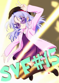 1girl 2022 black_hat black_shoes black_thighhighs blue_hair dress hat highres jacket jumping kurobane_alice long_hair long_sleeves looking_at_viewer nitta_yasunari open_clothes open_jacket pink_eyes pink_jacket purple_dress round_eyewear shadowverse shadowverse_(animated_series) shadowverse_flame shoes solo sunglasses thighhighs two_side_up v