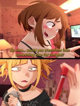 2girls 2koma averting_eyes bags_under_eyes black_bra black_chemise black_shirt blonde_hair blurry blurry_background blurry_foreground boku_no_hero_academia box bra breasts brown_hair cardboard_box chemise cleavage comic cuffs double_bun english_text fangs hair_bun handcuffs heart highres holding holding_handcuffs horse how_hungry..._(meme) implied_bestiality indoors khyle. meme messy_hair multiple_girls off-shoulder_shirt off_shoulder open_mouth photo_background shirt subtitled television toga_himiko underboob underwear uraraka_ochako yellow_eyes yuri