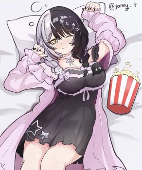 Rule 34 | 1girl, bed sheet, black hair, black nails, black nightgown, bow, braid, breasts, bucket, choker, closed mouth, coat, commentary, empire waist, english commentary, feet out of frame, food, frilled nightgown, from above, grey hair, hair between eyes, hair bow, hair ornament, highres, hololive, hololive english, jermy 9, large breasts, light blush, long hair, long sleeves, looking at viewer, low twin braids, lying, multicolored hair, nail polish, nightgown, official alternate costume, official alternate hairstyle, on back, one eye closed, open clothes, open coat, pillow, pink bow, pink choker, pink coat, popcorn, puffy long sleeves, puffy sleeves, shiori novella, shiori novella (sleepwear), single off shoulder, sleepwear, solo, split-color hair, squeans, star (symbol), star hair ornament, twin braids, twitter username, two-tone hair, virtual youtuber, yellow eyes