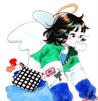 1girl angel angel_wings bag bear black_eyes black_hair blowing_bubble_gum blush charm_(object) chewing_gum colored_skin commentary emamemamo33 from_side halo heart highres iridescent_hair jacket long_sleeves medium_hair multicolored_jacket original shirt shoes simple_background skirt sneakers socks solo traditional_media white_background white_skin wings