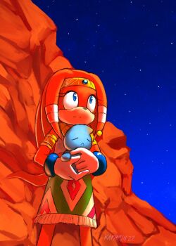 1girl 1other animal_nose blue_eyes chao_(sonic) commentary english_commentary furry furry_female gloves highres kaphrin night orange_fur sonic_(series) sonic_adventure tikal_the_echidna white_gloves