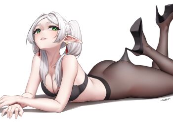 1girl ass black_bra black_pantyhose black_shoes bra breasts brown_pantyhose cleavage commentary earrings elf english_commentary frieren green_eyes high_heels highres hooked_on_heel jewelry lace_pantyhose_hooked_on_heel_(meme) long_hair long_pointy_ears looking_to_the_side lying medium_breasts meme no_panties on_stomach pantyhose parted_bangs parted_lips pointy_ears see-through_clothes shoes solo sousou_no_frieren stiletto_heels tassel tassel_earrings twintails underwear upward_angle_frieren_drawing_(meme) white_background white_hair whitter