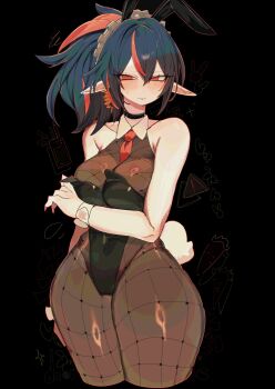 1girl alternate_costume animal_ear_hairband animal_ears black_background black_choker black_hair black_leotard black_pantyhose blush bodystocking breasts choker cropped_legs detached_collar earpiece fake_animal_ears hairband highres large_breasts leotard metal_hairband necktie pantyhose playboy_bunny pointy_ears ponytail rabbit_ear_hairband rabbit_ears rabbit_tail red_eyes red_necktie solo sweatdrop tail usa37107692 wardrobe_malfunction zenless_zone_zero zhu_yuan