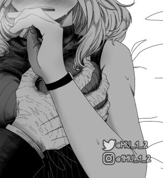 1boy 1girl blush boku_no_hero_academia breasts commentary english_commentary grabbing_another&#039;s_breast greyscale groping head_out_of_frame hetero highres instagram_username large_breasts midoriya_izuku monochrome mu_1_2 open_mouth ribbed_shirt scar scar_on_hand shirt sleeveless sleeveless_turtleneck sweat turtleneck twitter_username uraraka_ochako watch watermark wavy_mouth wristwatch