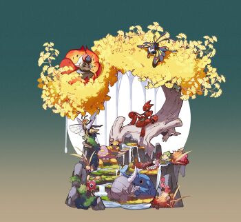 &gt;_&lt; absurdres animal_focus beautifly beedrill bug butterfly claws commentary gen_1_pokemon gen_2_pokemon gen_3_pokemon gen_5_pokemon grass heracross highres horns in_tree insect lanjiujiu moss moth nintendo no_humans paras parasect pinsir pokemon pokemon_(creature) scizor sewaddle shuckle spinarak stone tree volcarona water wrestling wurmple