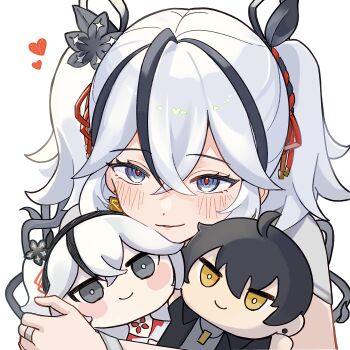 1010_(wuthering1010) 1girl absurdres black_flower blake_bloom_(wuthering_waves) blush camellya_(wuthering_waves) camellya_mascot_(meme) character_doll commentary_request doll earrings flower gold_earrings grey_eyes hair_between_eyes hair_flower hair_ornament hair_ribbon heart highres holding holding_doll jewelry looking_at_viewer male_rover_(wuthering_waves) meme parted_lips red_pupils red_ribbon ribbon rover_(wuthering_waves) short_hair short_twintails simple_background smile solo twintails upper_body white_background white_hair wuthering_waves