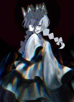 Rule 34 | 1girl, black background, braid, crown, glasses, greyscale, highres, kirby (series), kirby 64, long hair, looking at viewer, low twin braids, monochrome, nintendo, ripple star queen, simple background, skirt, sleeves past fingers, sleeves past wrists, smile, twin braids, yk n 03