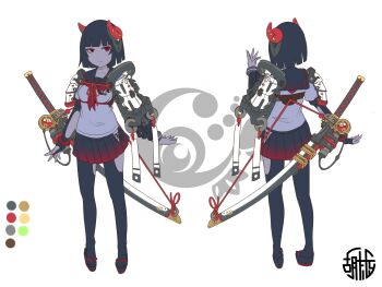 1girl armor black_footwear black_hair black_pantyhose black_sailor_collar black_skirt breasts bridal_gauntlets closed_mouth clothing_cutout collarbone color_guide framed_breasts hand_up highres hip_vent horns japanese_armor katana kuro_kosyou multiple_views neckerchief original pantyhose pleated_skirt puffy_short_sleeves puffy_sleeves red_eyes red_neckerchief sailor_collar sandals school_uniform serafuku sheath sheathed shirt short_hair short_sleeves shoulder_armor skirt small_breasts sode standing sword sword_on_back weapon weapon_on_back white_background white_shirt zouri