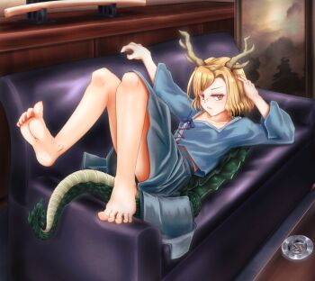 1girl antlers bare_legs barefoot blonde_hair blue_shirt dazonipsf dragon_girl dragon_horns dragon_tail feet fur-tipped_tail green_scales green_tail horns kicchou_yachie legs legs_up looking_at_viewer monster_girl no_shoes red_eyes scales shirt short_hair skirt soles solo square_neckline tail toes touhou turtle_shell yellow_horns