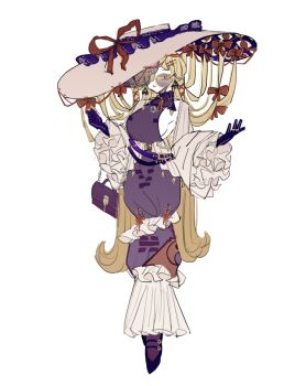 1girl absurdly_long_hair alternate_costume bag belt black_gloves black_shoes blonde_hair breasts commentary detached_sleeves dress frills full_body gap_(touhou) glasses gloves hair_ribbon highres holding holding_bag large_breasts large_hat light_smile long_hair long_sleeves looking_at_viewer multiple_belts one_eye_covered parted_lips purple_dress ribbon round_eyewear shoes sideboob solo touhou very_long_hair white_background yakumo_yukari yellow_eyes zenritsu