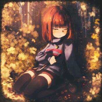 1girl arm_support ars_lycorys artist_name black_shoes black_thighhighs blue_sweater blunt_bangs blunt_ends blush bob_cut breasts brown_hair brown_shorts buttercup_(flower) closed_eyes closed_mouth commentary dot_mouth double_horizontal_stripe english_commentary field flower flower_field frisk_(undertale) full_body genderswap genderswap_(otf) highres holding holding_knife holding_weapon jewelry knife leaning_back light_blush light_particles locket long_sleeves loose_hair_strand mary_janes necklace nose_blush on_ground pendant pink_trim reverse_grip scene_reference shoes short_hair short_shorts shorts signature sitting sleeping small_breasts solo sweater thighhighs undertale utdr_(toby_fox) vignetting wariza weapon yellow_flower