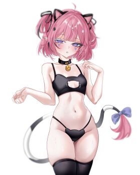 1girl absurdres animal_ears bare_hips bell breasts camila_(vtuber) cat_ears cat_lingerie cleavage_cutout clothing_cutout collar colored_eyelashes facial_mark hair_ribbon hashtag-only_commentary highres hip_focus imp indie_virtual_youtuber jingle_bell mismatched_eyelashes miuq_chan multicolored_hair navel panties pink_hair pointy_ears purple_eyes ribbon short_hair short_twintails small_breasts streaked_hair tail thick_thighs thighhighs thighs triangle triangle_facial_mark twintails underwear virtual_youtuber white_background