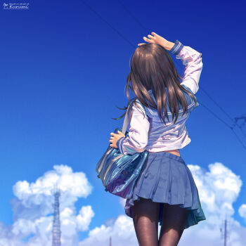 1girl a.x. absurdres arm_up artist_name bag black_pantyhose blue_skirt blue_sky brown_hair cloud commentary_request dated english_text highres long_hair original outdoors pantyhose photo-referenced pleated_skirt revision school_uniform serafuku skirt sky solo