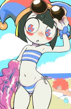 1girl absurdres beach bikini blue_sky blunt_bangs blush_stickers breasts button_eyes buttons colo_(nagrolaz) eyewear_on_head flat_chest hat highres innertube jester_cap kyojiri_loli loli lotion_bottle narrow_waist navel ocean official_alternate_costume pale_skin pear-shaped_figure pomni_(the_amazing_digital_circus) ragatha_(the_amazing_digital_circus) ragdoll short_hair sky small_breasts strapless striped_bikini striped_clothes sunbathing sunglasses swim_ring swimsuit tan the_amazing_digital_circus topless_female triangle_nose tube_top wide_hips