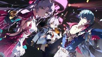 1boy 2girls aqua_eyes beer_mug black_gloves black_jacket black_pants blue_hair blue_shirt brant_(wuthering_waves) breasts carlotta_(wuthering_waves) closed_mouth commentary confetti cup dress drinking_glass gloves high-waist_pants highres holding holding_cup indoors jacket jacket_on_shoulders large_breasts looking_at_viewer medium_breasts mug multiple_girls open_clothes open_mouth open_shirt pants parted_bangs pink_jacket shirt short_hair sitting smile symbol-only_commentary tacet_mark_(wuthering_waves) white_dress white_shirt wuthering_waves yeurei zani_(wuthering_waves)