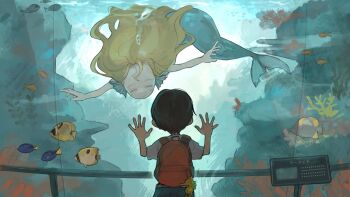 1boy 1girl against_glass aquarium backpack bag blonde_hair blue_tail brown_hair bubble commentary english_commentary fins fish hand_on_glass head_fins highres long_hair looking_at_another mermaid monster_girl ni_(nimame629) original outstretched_arms red_bag regal_blue_tang seahorse short_hair translated underwater yellow_tang