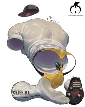 1boy artist_logo back bara baseball_cap black_hat blue_male_underwear blush broad_shoulders bulge butt_plug calves covered_erect_nipples dated english_text hat highres invisible logo male_focus male_underwear muscular muscular_male original sex_toy shan_yao_jun shirt shoes signature single_shoe sneakers socks solo striped_blush thong tight_clothes two-tone_male_underwear underwear wet wet_clothes wet_male_underwear wet_shirt white_shirt white_socks yellow_male_underwear