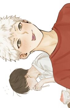 2_321 2boys black_hair blush closed_mouth collared_shirt commentary ear_blush embarrassed food highres hikaru_ga_shinda_natsu holding holding_food holding_ice_cream ice_cream ice_cream_spoon implied_indirect_kiss indou_hikaru male_focus mole mole_on_cheek mole_under_mouth multiple_boys multiple_moles neck_blush red_pupils red_shirt shirt short_eyebrows short_hair sideways simple_background spoon sweat symbol-only_commentary tongue tongue_out tsujinaka_yoshiki upper_body white_background white_hair white_shirt yaoi