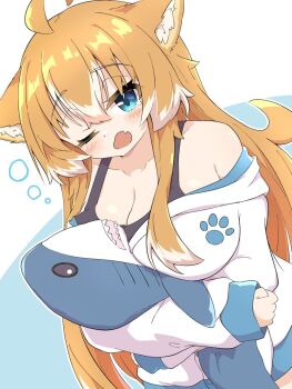 1girl ahoge animal_ear_fluff animal_ears aqua_eyes black_camisole breasts camisole cleavage cowboy_shot dog_ears dog_girl dutch_angle fang hair_between_eyes haru_(toramaru2001710) highres hugging_doll hugging_object jacket large_breasts light_blush long_hair looking_at_viewer multicolored_hair one_eye_closed open_mouth orange_hair original sidelocks skin_fang sleepy sleeves_past_wrists solo squeans stuffed_animal stuffed_shark stuffed_toy toramaru2001710 two-tone_hair very_long_hair white_hair white_jacket