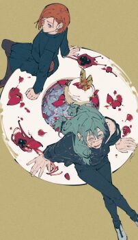 1boy 1girl brown_eyes brown_hair commentary cursed_spirit_(jujutsu_kaisen) from_above hair_between_eyes heterochromia highres jujutsu_kaisen jujutsu_tech_uniform kugisaki_nobara long_hair mahito_(jujutsu_kaisen) mim_(mimya0600) short_hair stitched_arm stitched_face stitches