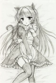 1girl animal_ears apron back_bow bed_sheet between_legs blush bow bowtie breasts cat_ears cat_girl cat_tail collared_dress commentary_request dress feet_out_of_frame frilled_apron frilled_dress frills garter_straps gokou_ruri greyscale hair_intakes hair_ribbon hand_between_legs hand_on_own_chest ichiha_sanami kemonomimi_mode long_hair long_sleeves looking_at_viewer lying maid maid_apron mole mole_under_eye monochrome on_back ore_no_imouto_ga_konna_ni_kawaii_wake_ga_nai parted_lips ribbon small_breasts solo tail thighhighs traditional_media very_long_hair