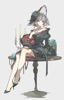 Rule 34 | 1girl, absurdres, arm support, bare legs, black dress, black hat, black shoes, blue eyes, blunt ends, box, candle, candlestand, closed mouth, dress, full body, gift, gift box, grey background, grey hair, hand on own chest, hat, high heels, highres, looking at viewer, mercuria (reverse:1999), off-shoulder dress, off shoulder, official alternate costume, on table, reverse:1999, round table, shoes, short hair, side slit, sitting, solo, table, tansuangai fenmo, wide sleeves