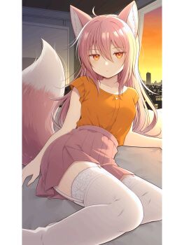 1girl absurdres bored breasts city evening fox_girl garter_straps highres long_hair looking_at_viewer lying non-web_source orange_eyes orange_shirt pink_fur pink_hair shirt skirt small_breasts solo thighhighs white_thighhighs