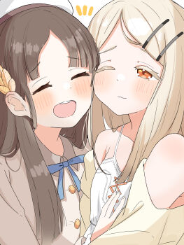 2girls absurdres affectionate beret blonde_hair blue_ribbon blunt_bangs blunt_ends blush breasts brown_hair brown_shirt camisole cheek-to-cheek closed_eyes closed_mouth collarbone collared_shirt colored_eyelashes commentary_request gakuen_idolmaster hair_ornament hairclip hand_on_another's_chest hat heads_together highres idolmaster kuramoto_china laurels leaf_hair_ornament long_hair multiple_girls neck_ribbon off_shoulder one_eye_closed open_clothes open_mouth open_robe orange_eyes orange_ribbon parallel_hairclips parted_bangs raichita ribbon robe shinosawa_hiro shirt small_breasts smile white_camisole white_hat white_robe
