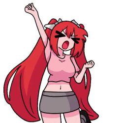 >_< 1girl animated black_shoes bonbon_(bonzomcbonbon) breasts closed_mouth excited grey_skirt hair_ribbon jumping ketchup_(bonzomcbonbon) large_breasts long_hair looping_animation midriff navel open_mouth original pink_shirt red_hair ribbon shirt shoes simple_background skirt solo tagme twintails very_long_hair video white_background white_ribbon