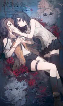 2girls bare_arms bare_shoulders belt belt_buckle black_belt black_hair black_ribbon black_shorts black_socks black_thighhighs boots breasts brown_boots brown_eyes brown_hair buckle center_frills chinese_text choker closed_mouth clothing_cutout commentary_request english_text fatal_frame fatal_frame:_maiden_of_black_water feet_out_of_frame floral_print flower frilled_shirt frills grey_choker grey_eyes hair_flower hair_ornament hand_on_another's_chin hands_on_own_chest hands_up highres hinasaki_miu kneehighs kozukata_yuuri long_hair looking_at_another looking_to_the_side lying medium_breasts miniskirt multiple_girls on_back on_side orange_shirt outdoors own_hands_together partially_submerged print_shirt profile projected_inset red_flower ribbon shallow_water shirt short_sleeves shorts shoulder_cutout side-by-side skirt sleeveless sleeveless_shirt socks spider_lily strapless strapless_shirt string string_of_fate thigh_belt thigh_strap thighhighs translation_request water watermark white_shirt yuri yuukinouwu zettai_ryouiki